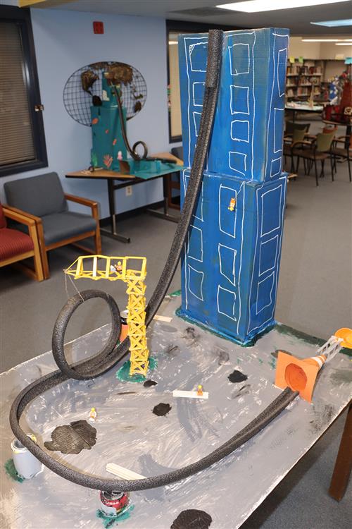  EMS eighth-graders' foam roller coasters filled the library with creativity